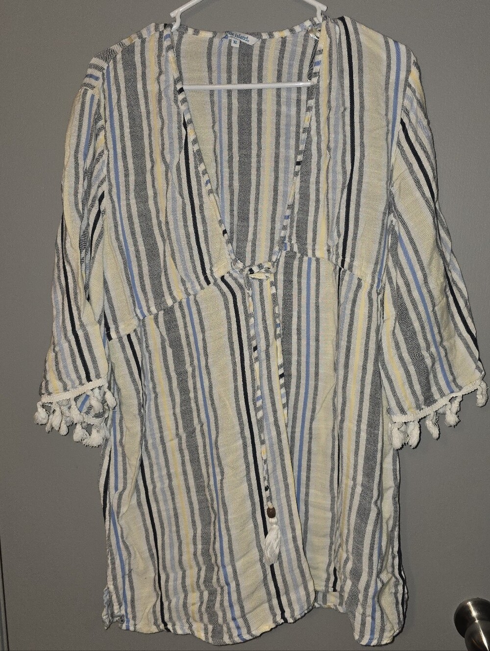 BLUE ISLAND Striped Lightweight Tassel Cover-Up - Blue, Gray & Cream
